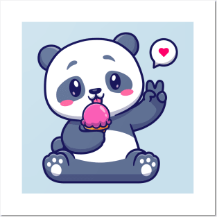 Cute Panda Eating Ice Cream Cartoon Posters and Art